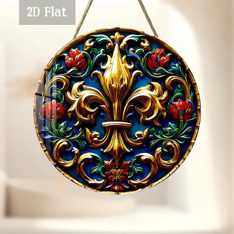 2D Flat, 1pc Royal Fleur Gothic Scroll Woodblock Wall Decor - Round Frameless Panel with Regal Fleur Suitable for Home, Cafe, Di