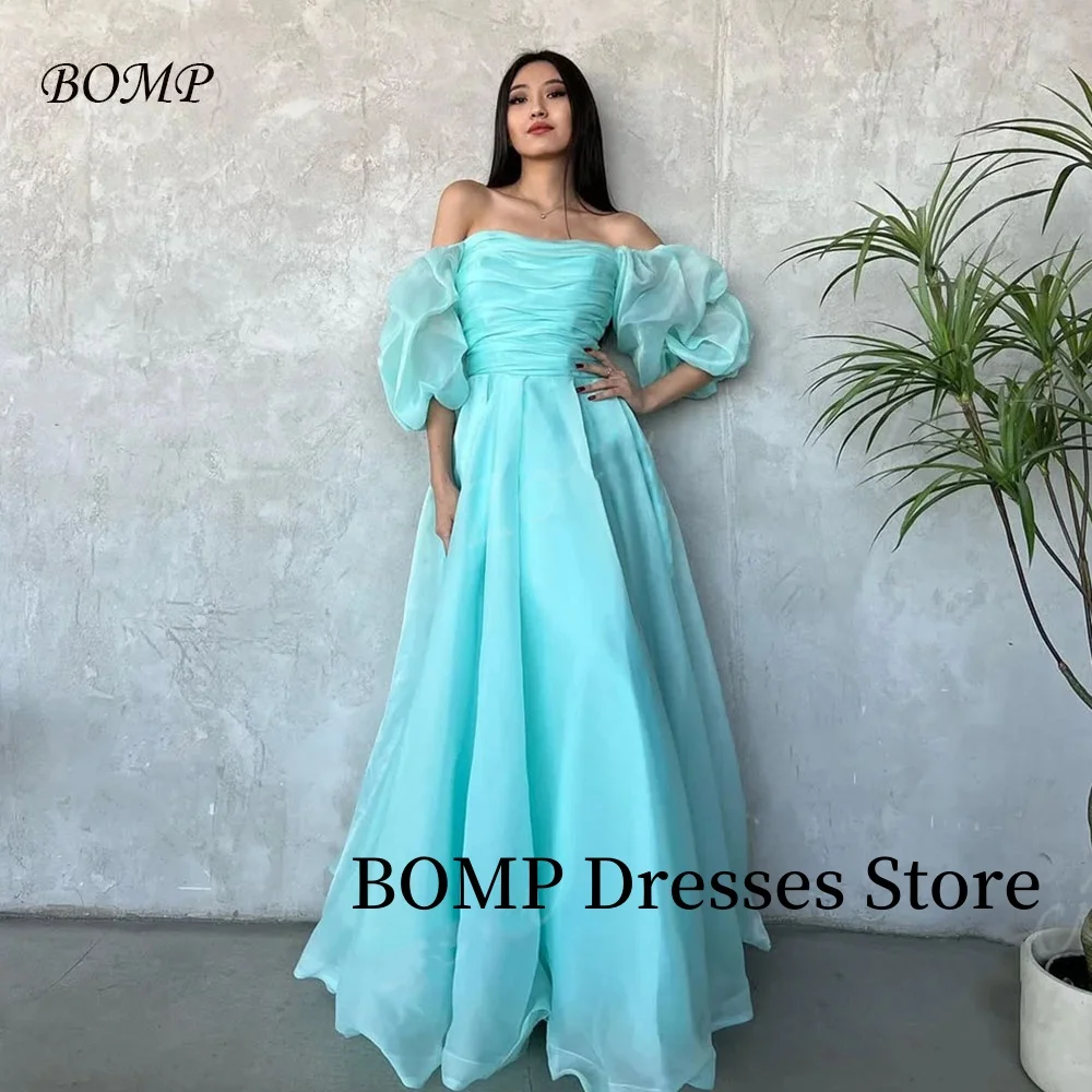 

BOMP Fairy Organza Blue A Line Prom Dresses Customized Draped A Line Evening Party Gown Off Shoulder Formal Occasion Party Dress