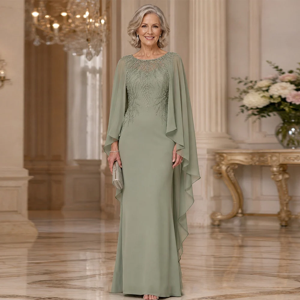 Customized Mother of The Bride Dress Cape Sleeves Pleated Scoop Neck Beading Chiffon Mermaid Wedding Guest Gowns Party Dresses