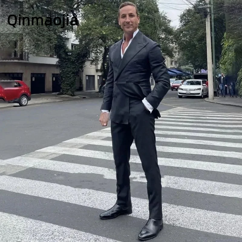 

Casual Fashion Black Suits For Men Business Double Breasted Slim Fit Wedding Groom Tuxedo 2Piece Set Pants Costume