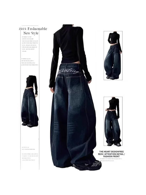 

Loose Wide Leg Embroidered Denim Pants for Women Spring Autumn Winter Casual Simple Style plus Size Design Sensation Scythe P...