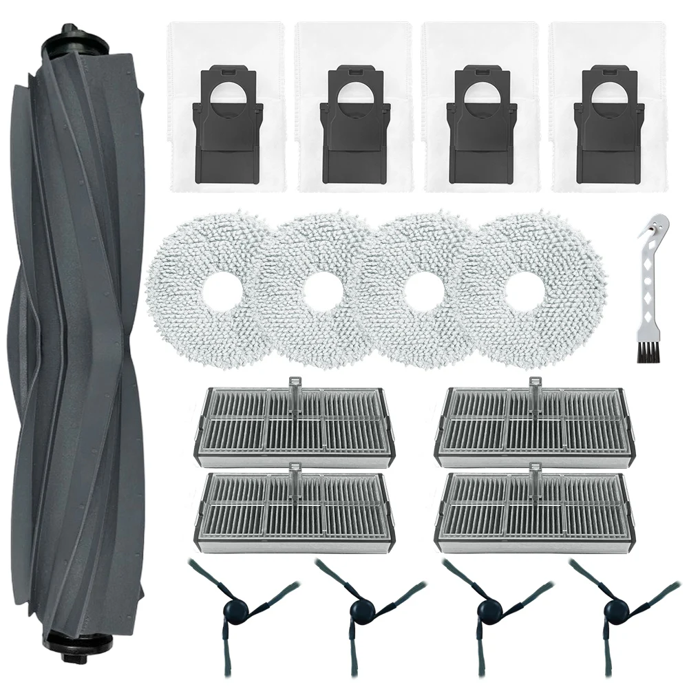 

Набор аксессуаров для робота-пылесоса Mova E40 Ultra, включая основную роликовую щетку, HEPA-фильтры, боковые щетки, мешки для сбора пыли, салфетки для уборки.