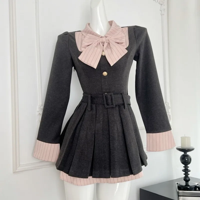 Y2K Blazer Dresses for Women Preppy Style Autumn New Patchwork Long Sleeve Pleated A-line Bow Korean Fashion Female Clothing