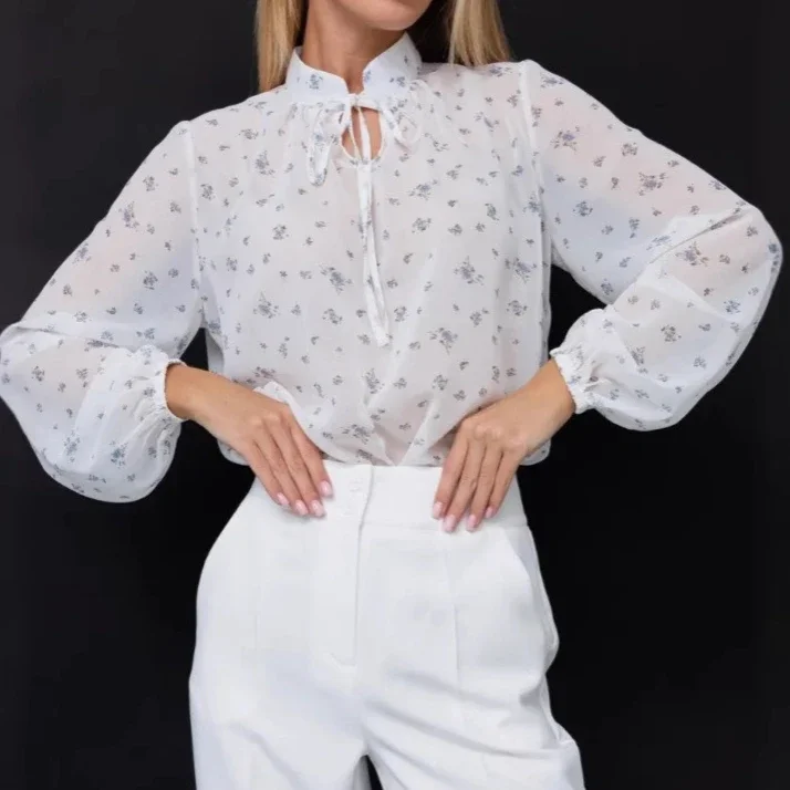 Floral Print Fabric with Hollow Lantern Stripes, Stand-up Collar, and Half-transparent Lace-up Casual Commuting Chiffon Top