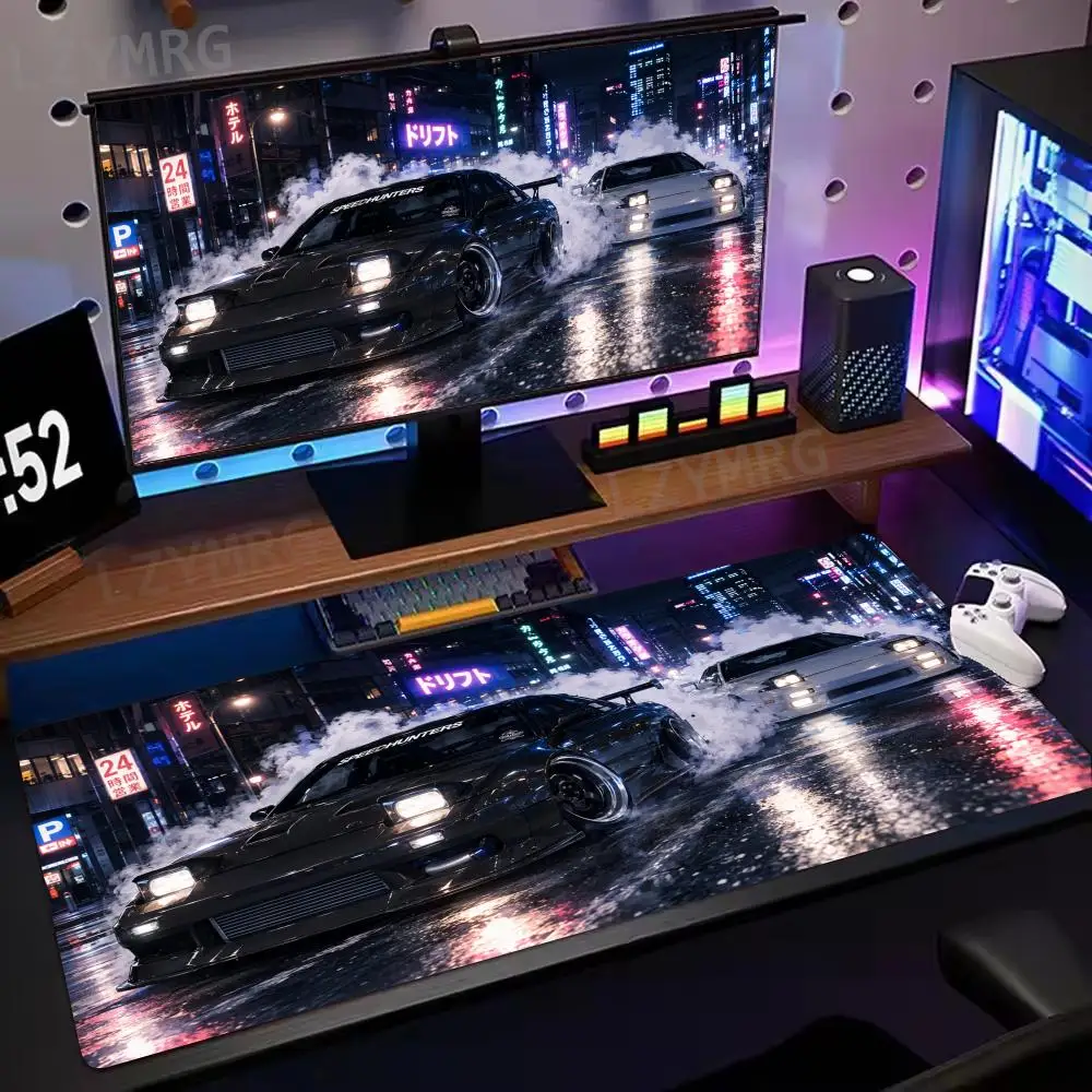 Black White JDM Drift Cars Tokyo City Neon Light Night Racing Mouse Pad Large Anti-Slip Extended Gaming Keyboard Mouse Pad