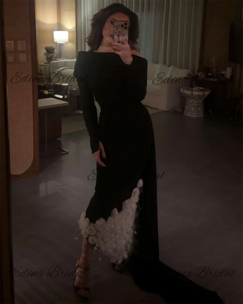 Chic and Sophisticated Off Shoulder Prom Gown Long Sleeve 3D Appliques Black Patchwork Wedding Dresses فساتين السهرة