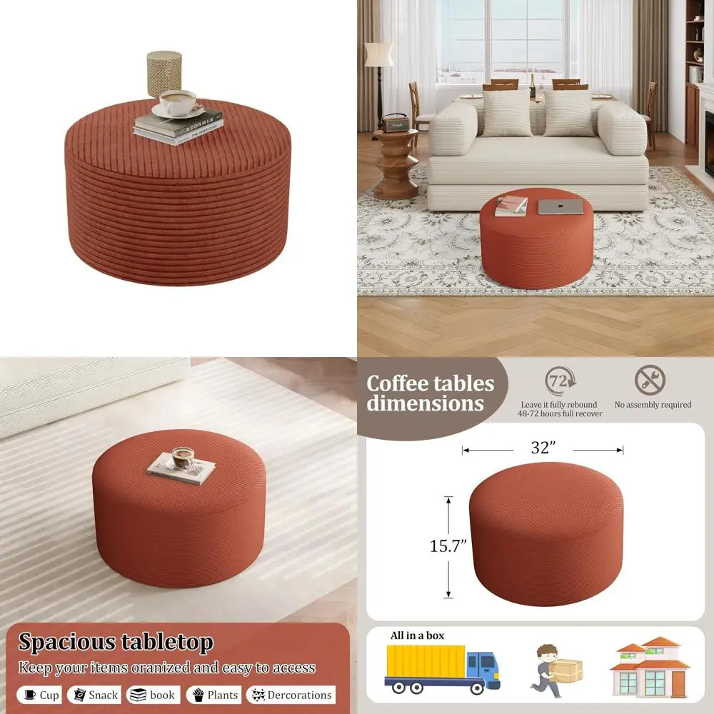 

32 Round Coffee Table Ottoman, Corduroy Cloud Sectional Sofas, Memory Foam Poufs, Ideal for Living, Bedroom, Makeup Rooms - No A