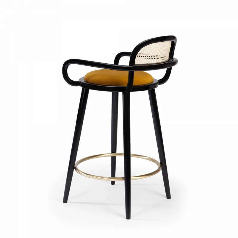 

Modern bar stool, rattan backed solid wood high chair, retro light luxury metal bar chair