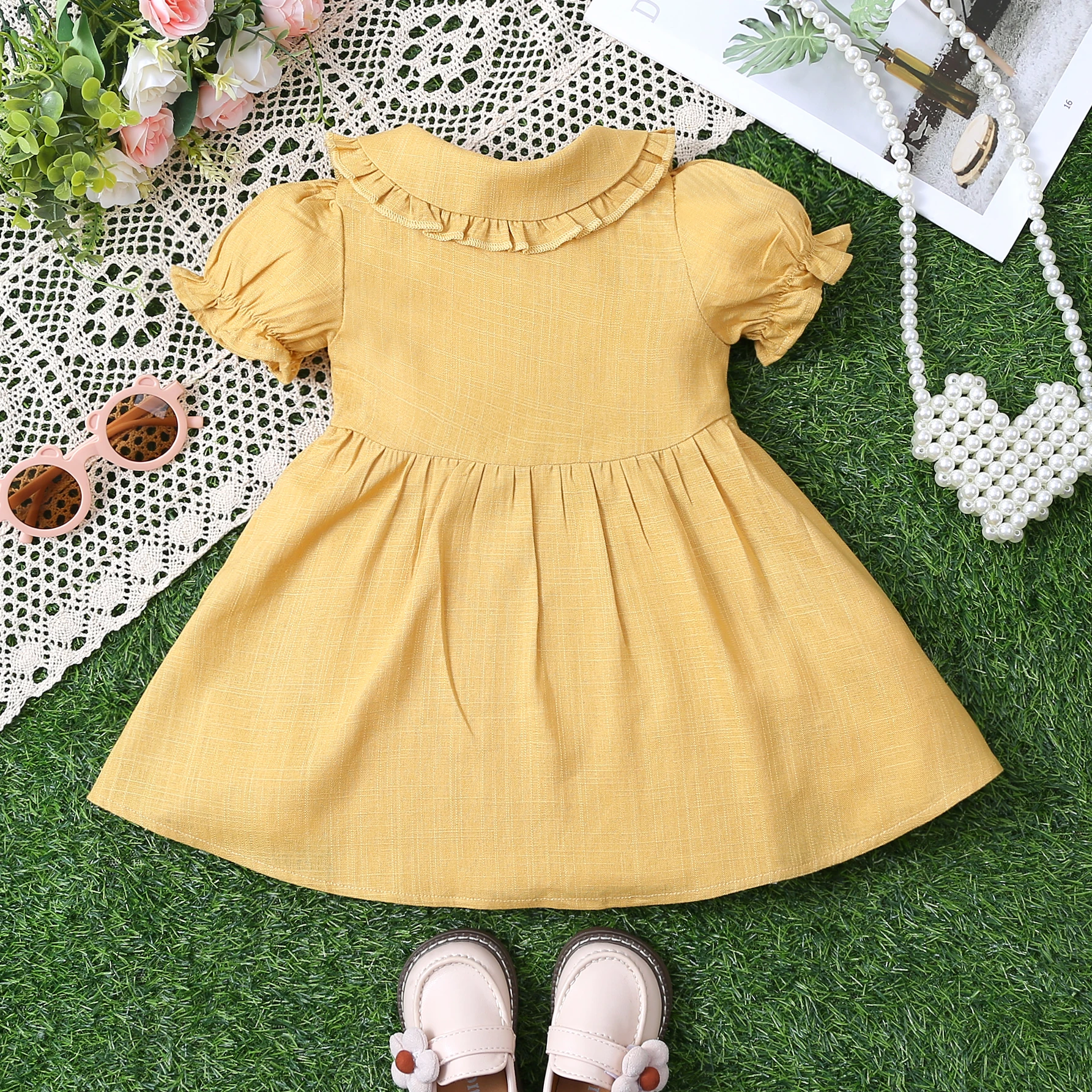 Summer baby girl\'s solid color lapel ruffled doll collar front button up dress Child Accessories