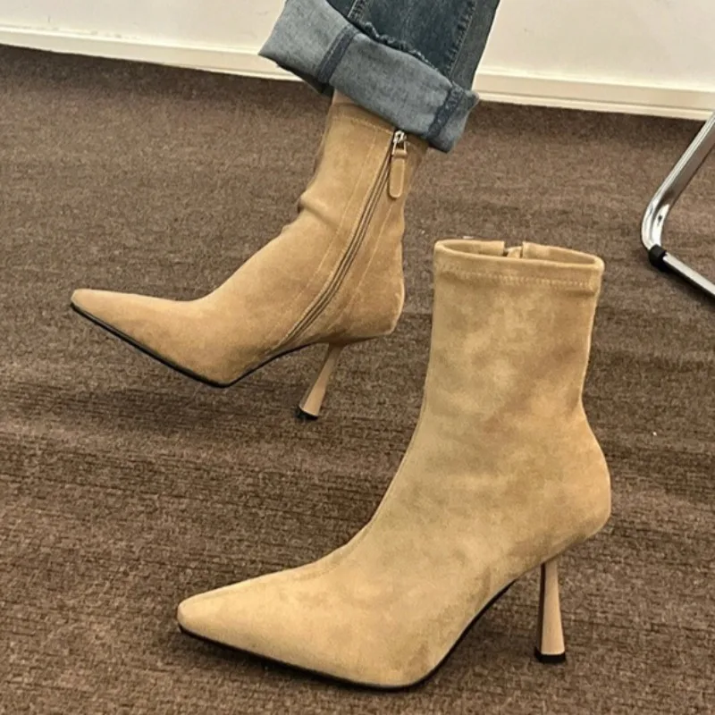

High-heeled Short Boots for Women 2025 Summer Thin-heeled Medium Tube Boots Women Pointed Head Temperament Suede Elastic Boots