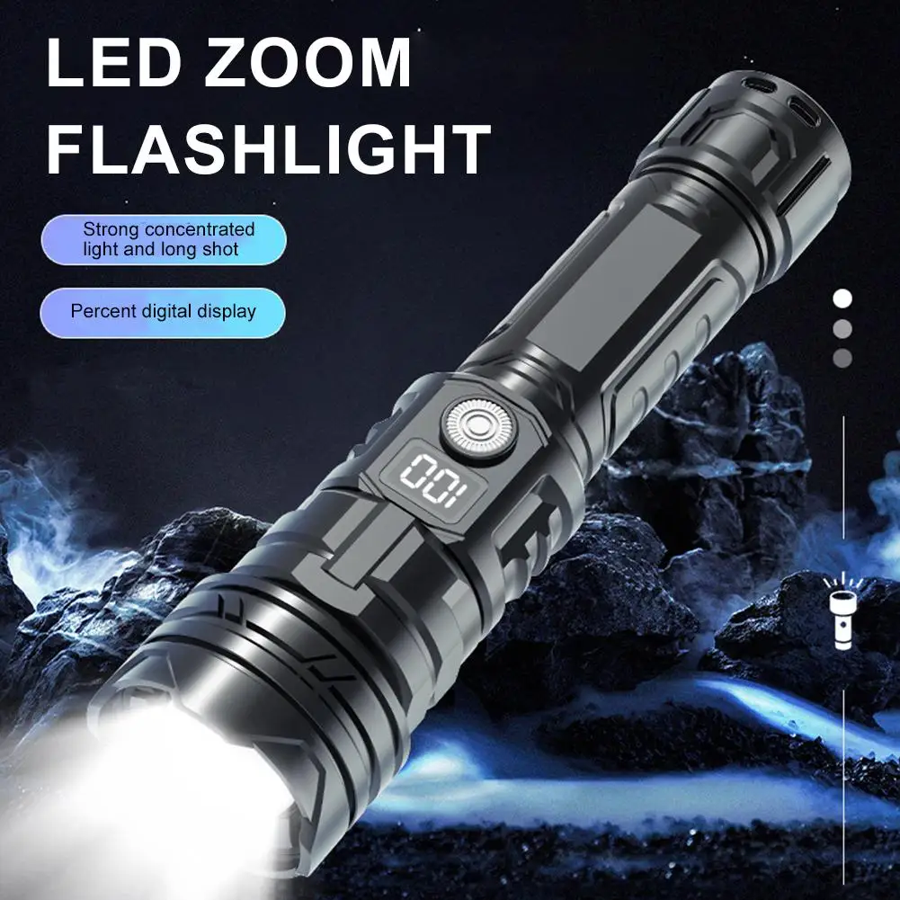 High Power LED Flashlight USB Rechargeable Torch with Display Zoomable Light with Battery Camping Hiking Lantern Emergency Lamp
