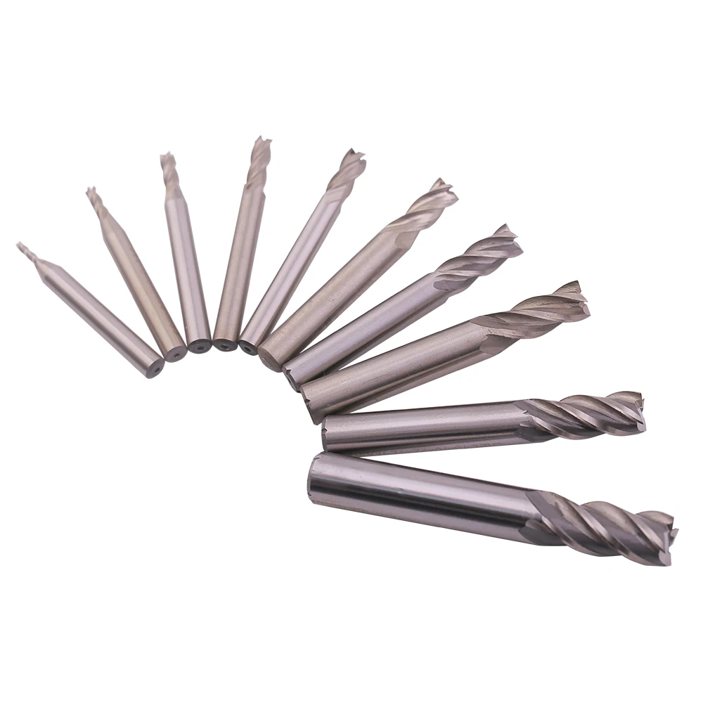 HSS Milling Cutter 4 Flute End Mill 10PCS Set 2-12mm for CNC Machine Milling Tools Router Bit Metal Cutter Aluminum Milling Bit