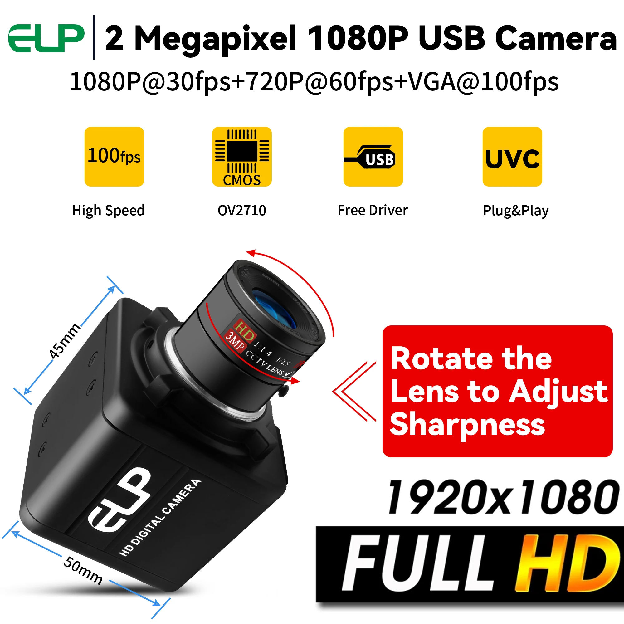 100FPS 60FPS USB Camera 1080P Wide Angle OV2710 Mini Lightburn Webcam for Golf Swing Video Surveillance UVC