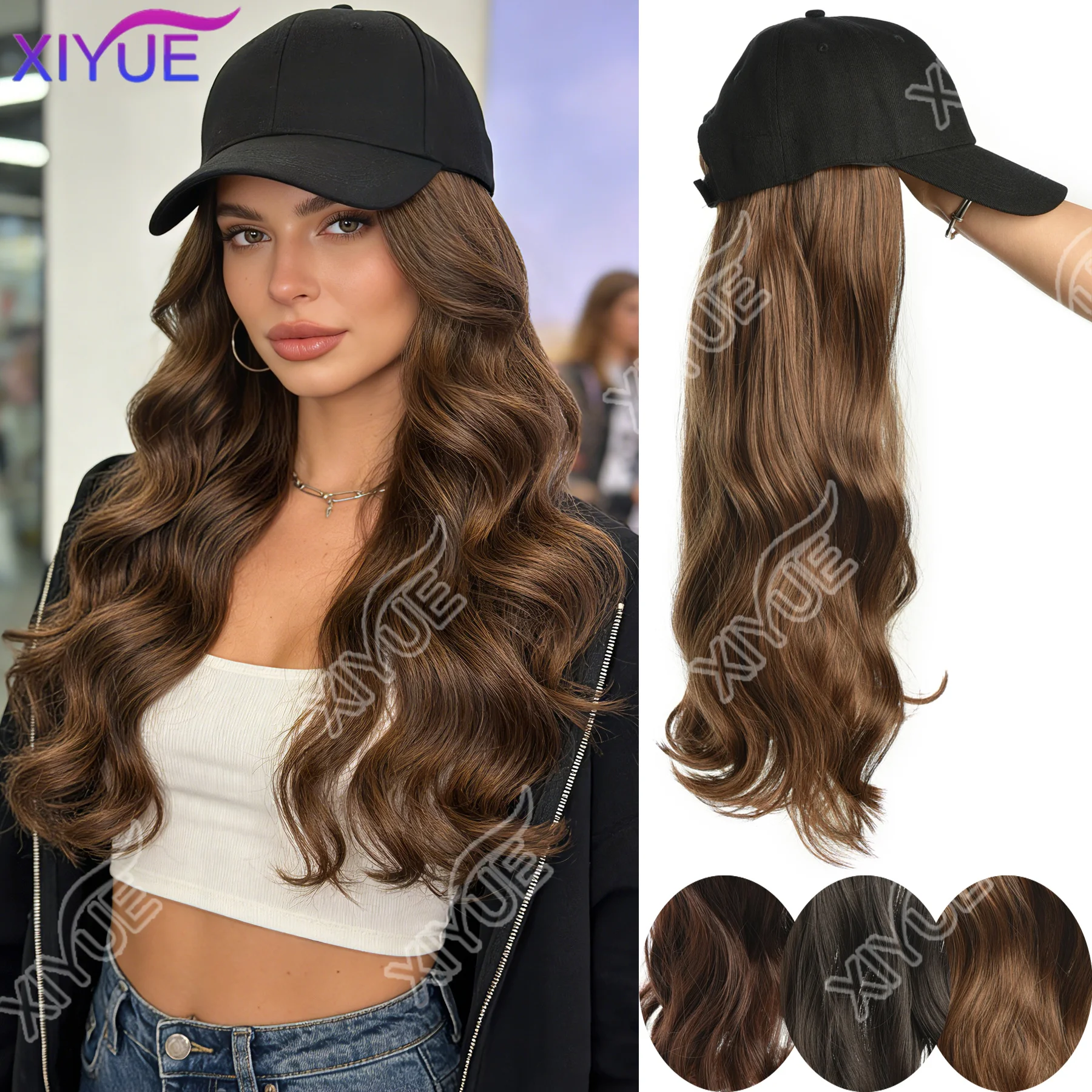 

Long Wavy Curly Synthetic Wig Baseball Cap Hair Extensions Hat Wigs Black Brown Adjustable Hairpiece for Women