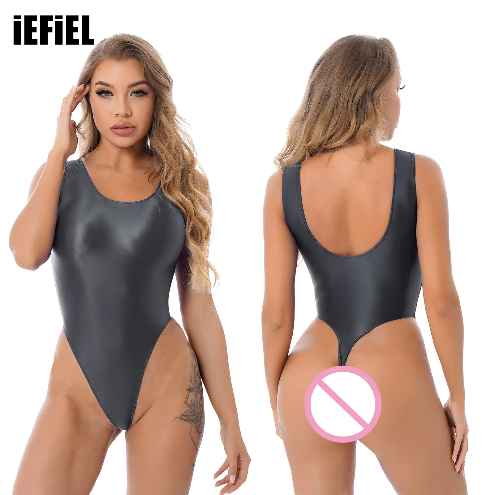 

Womens Glossy Sleeveless High Cut Bodysuit One-piece Swimsuit for Yoga Sports Fitness Swimming