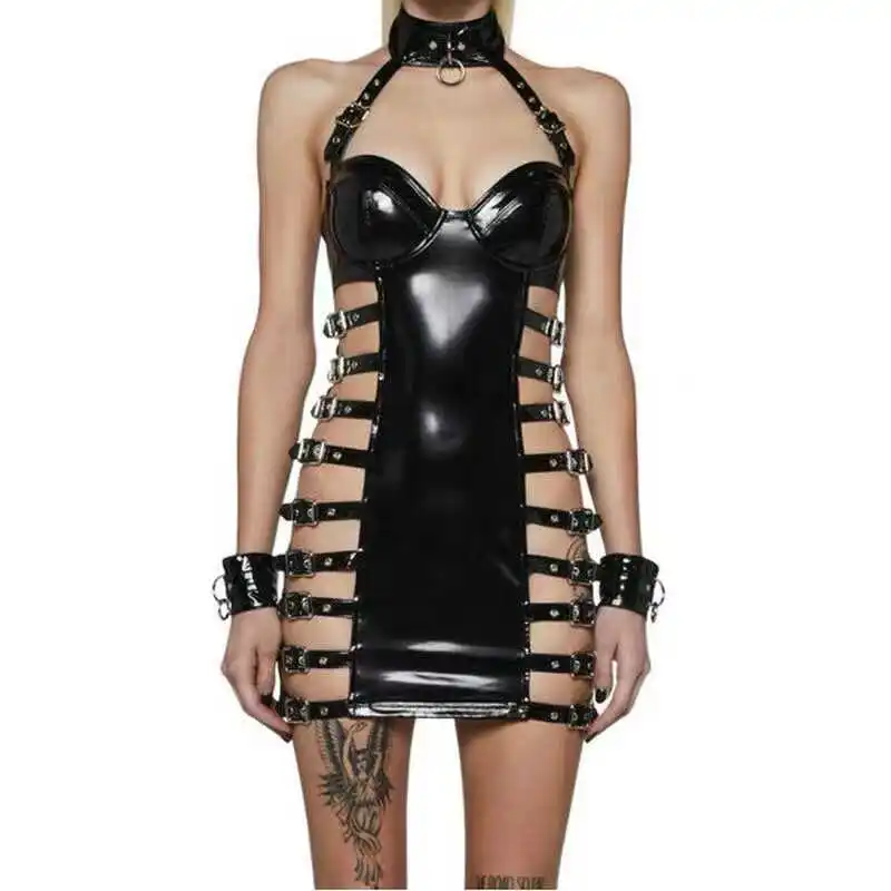 

New Hanging neck hollowed out patent leather queen dress wild and sexy nightclub transparent exposed buttocks leather Dress ﻿