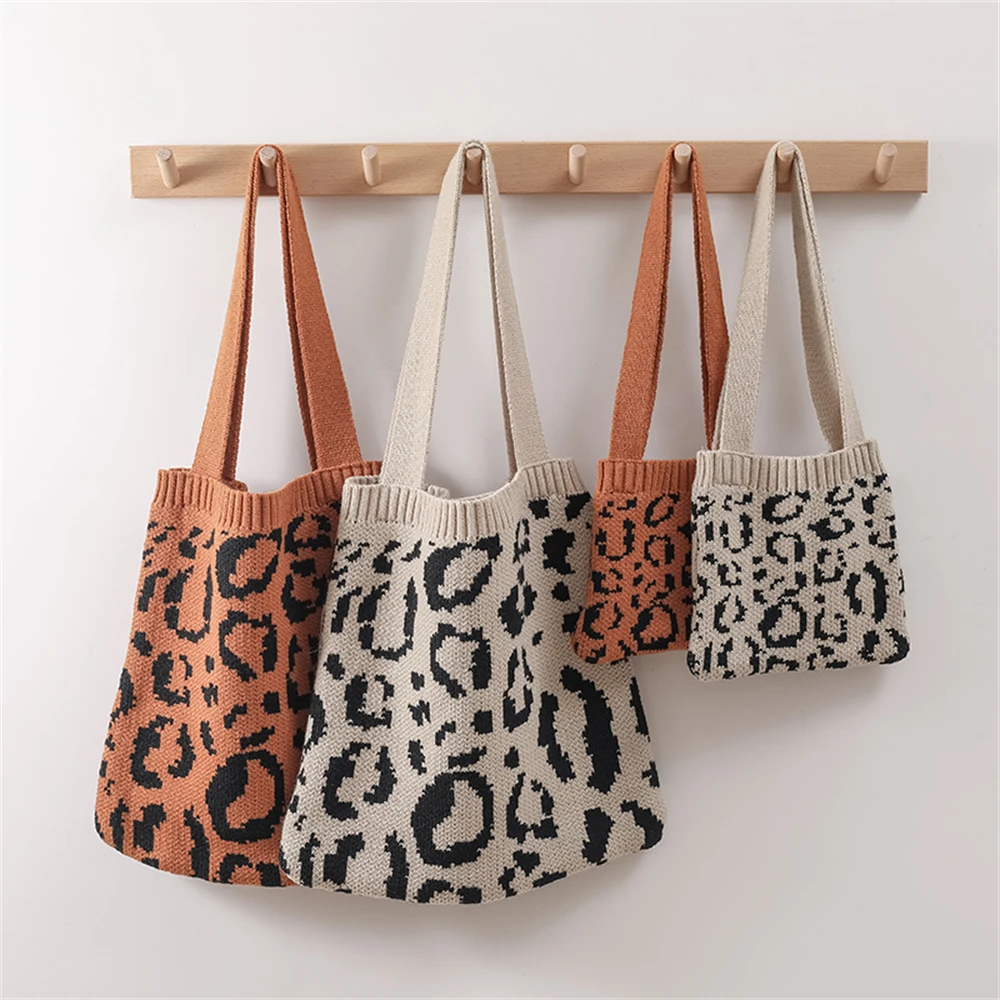 

2024 Fashion Handle Handbags Women's Knitted Shopping Bag Foldable Leopard Printing Weave Shoulder Bags Casual Wool Kids Totes