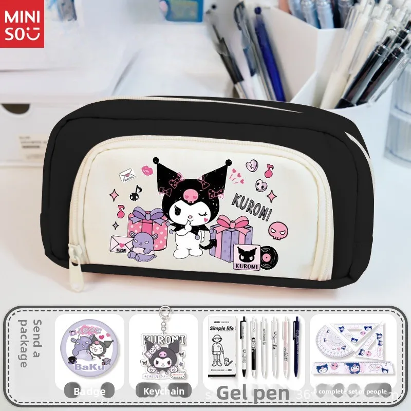 Miniso Kuromi Estojo de lápis Suporte de caneta de anime fofo, material escolar de grande capacidade para meninas, ensino médio