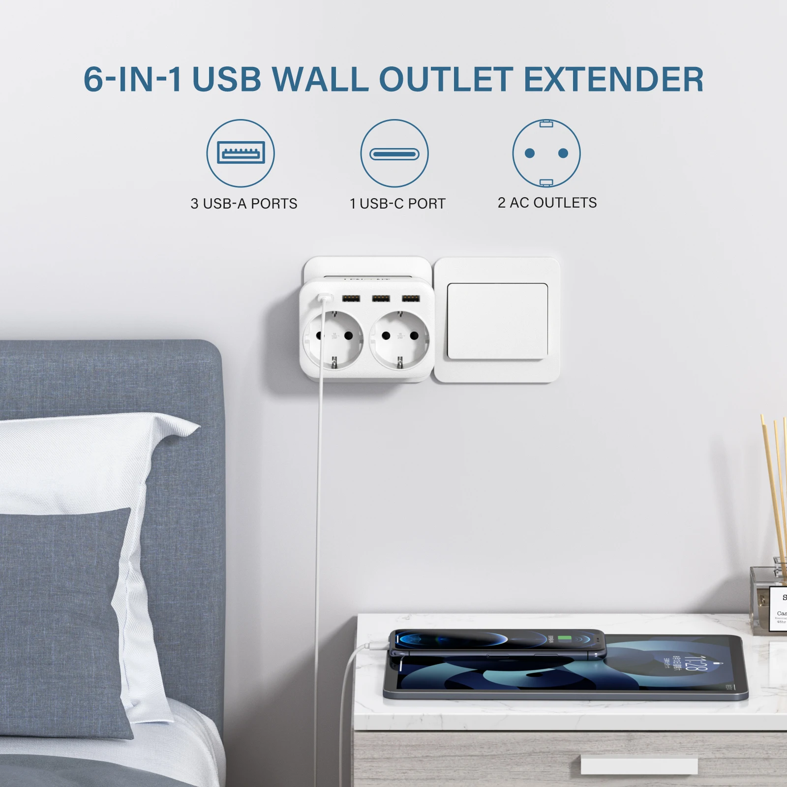 LENCENT EU Wall Socket Extender with 2AC Outlets  3 USB Ports 1 Type C Power Strip Adapter Overload Protection for Home/Office