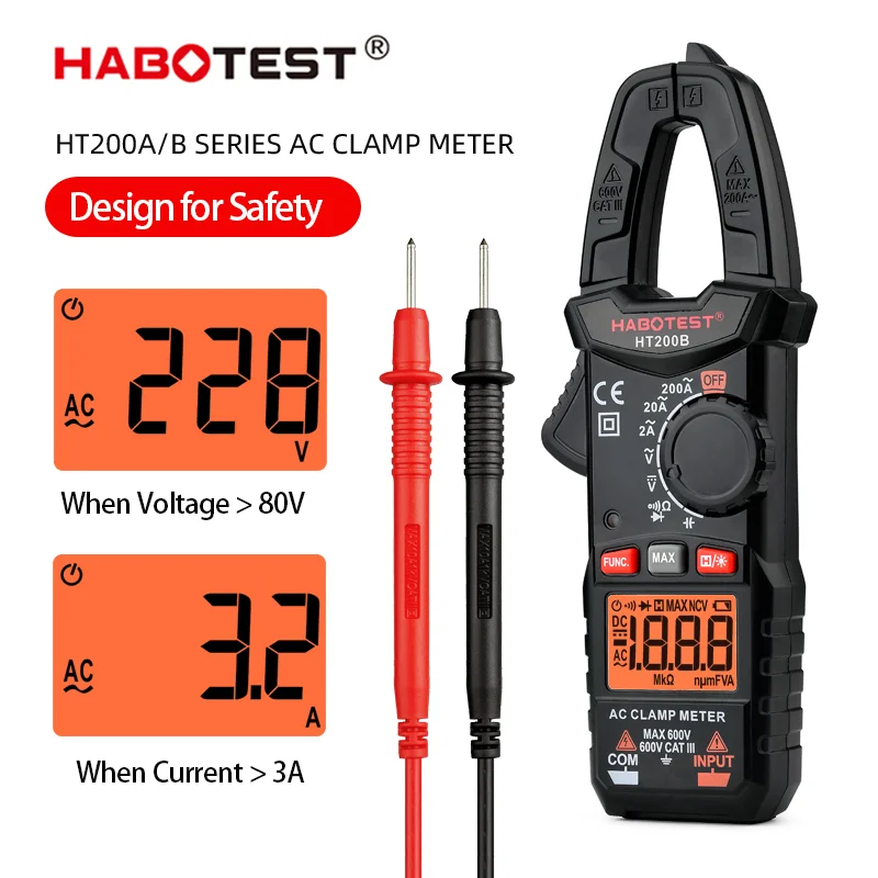 HABOTEST HT200 cyfrowy miernik cęgowy 600V AC/DC tester napięcia z True RMS ohm pomiar ciągłości pojemności woltomierz