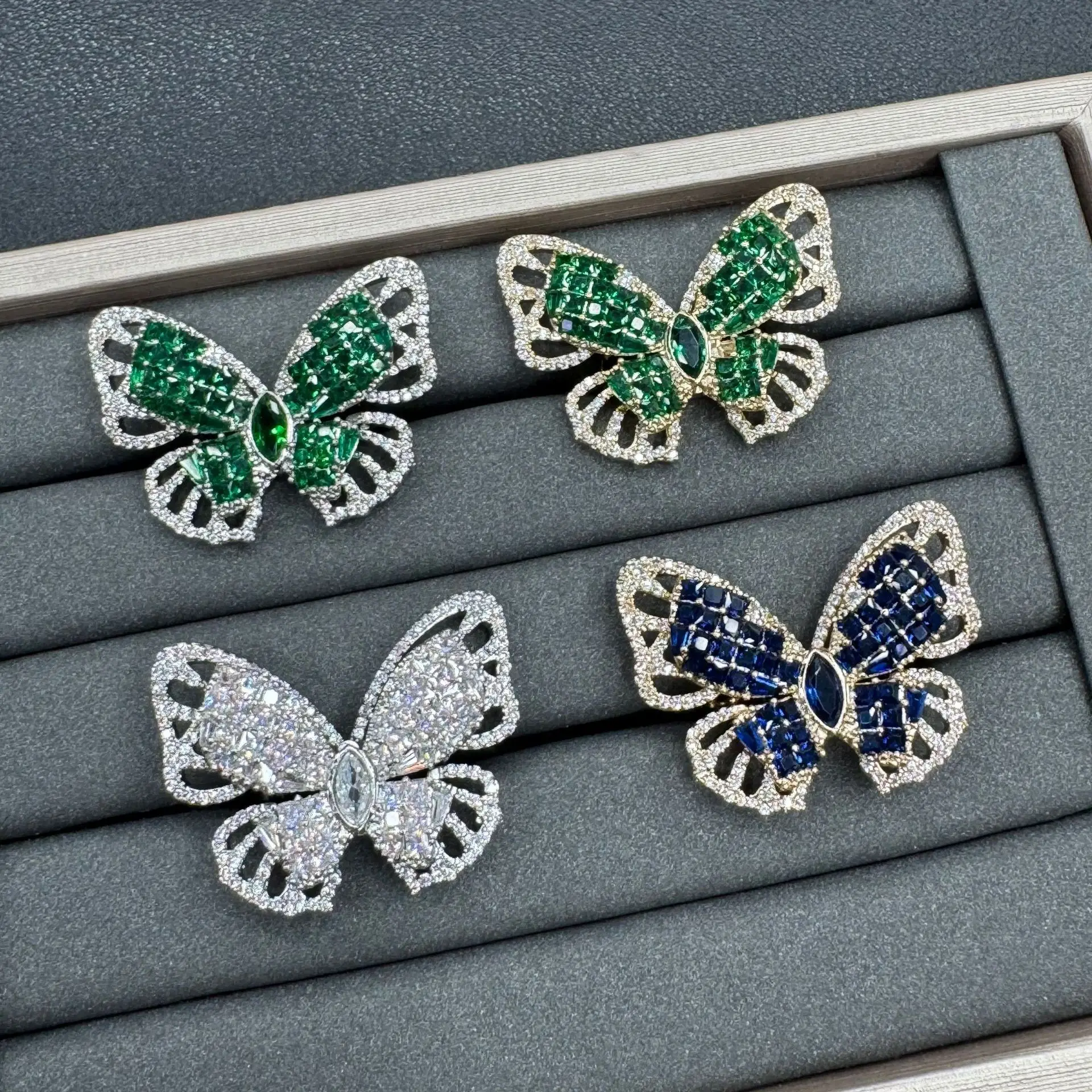 

cubic zirconia butterfly ring for women shiny cute jewelry dinner party gala event green blue white adjustable ring female gift