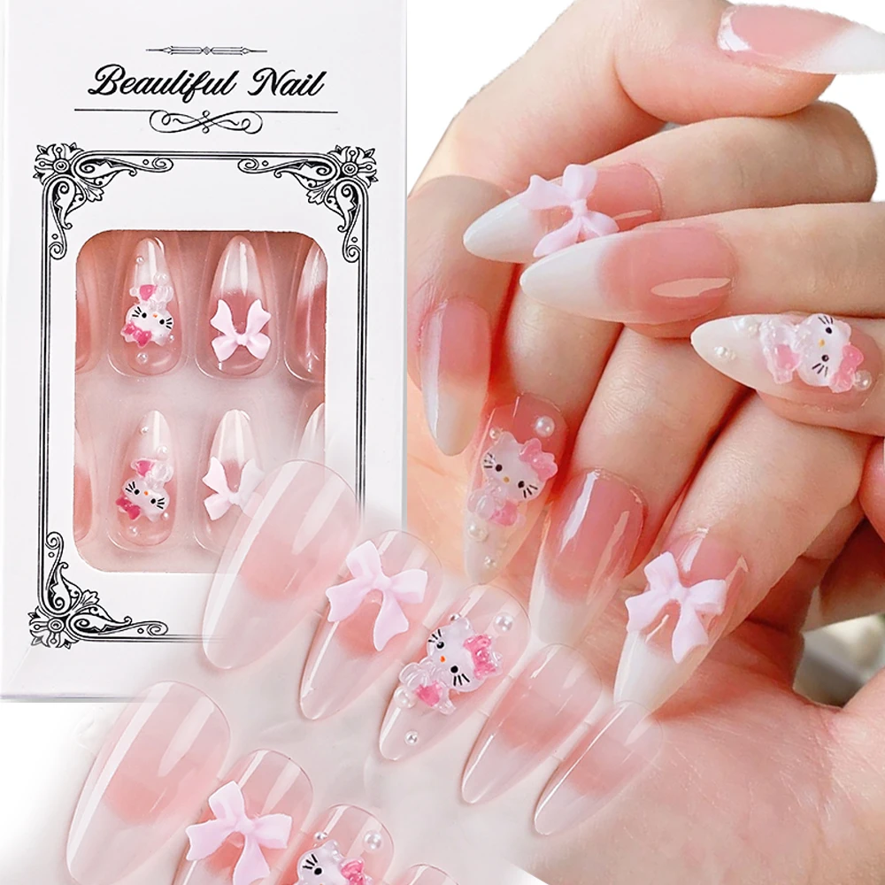 

24Pcs/set French Hello Kitty Gradient Pink Fake Nails Ice-Transparent Ombre Pink French Almond Nail Tips Cartoon Kitty Nail Tip