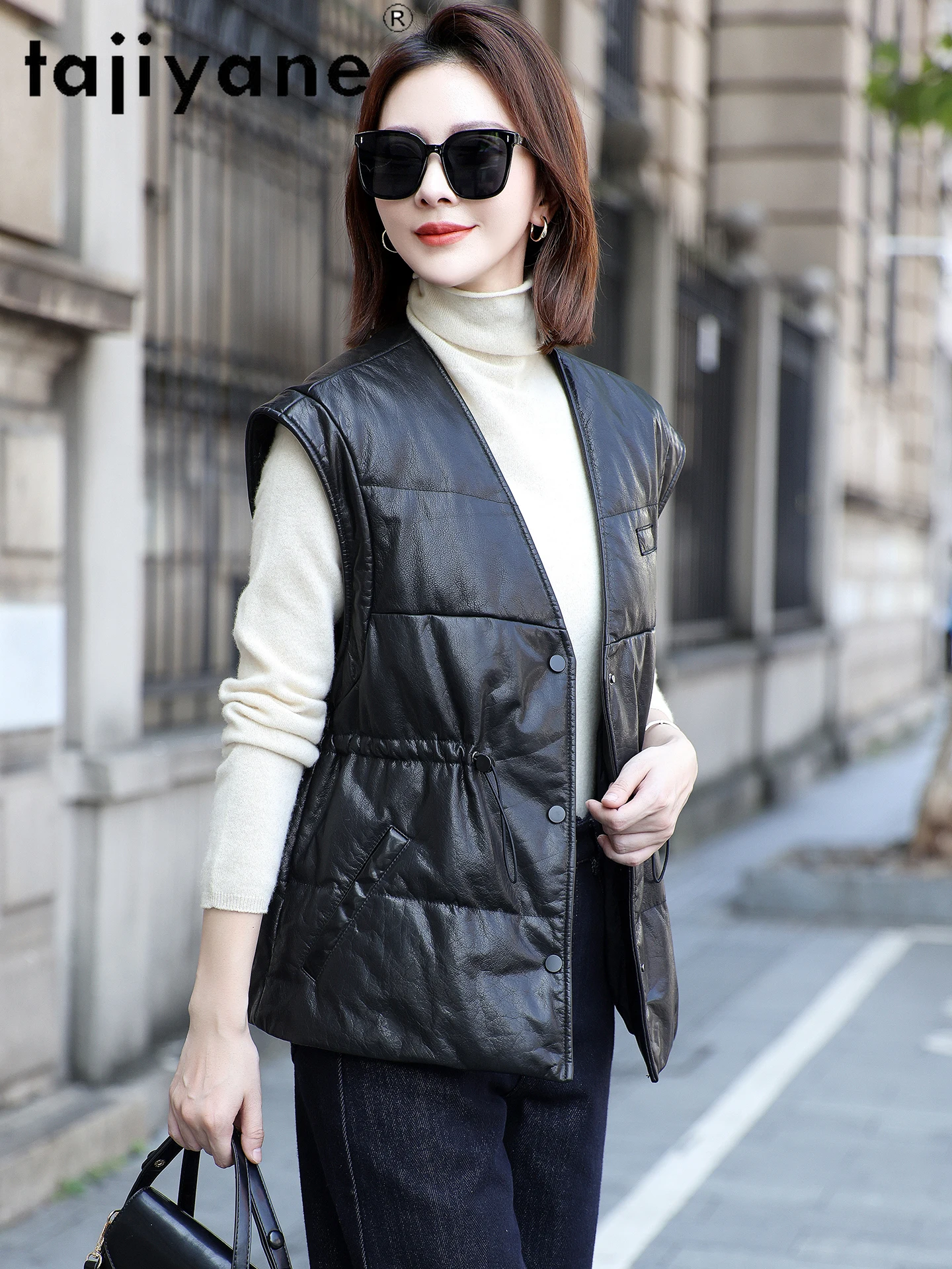 TAJIYANE Real Top-grain Cow Leather Vest Women Sleeveless 90% White Goose Down Coat Stylish Slim Jackets 2025 Woman Clothes 가죽자켓