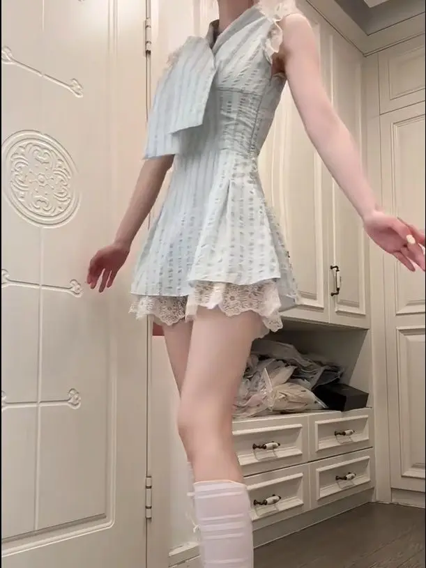 Kawaii Kant Slanke Dames Jurken Y2k Mini Rok Mouwloze Zoete Jurk Harajuku Korea Grunge Goth Punk Vintage Jaren 2000 Zomer Fee