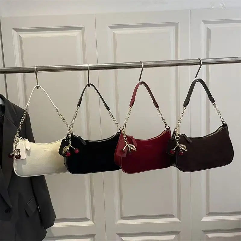 

Solid Color Underarm Bag With Cherry Pendant, Chain Strap Baguette Shoulder Purse