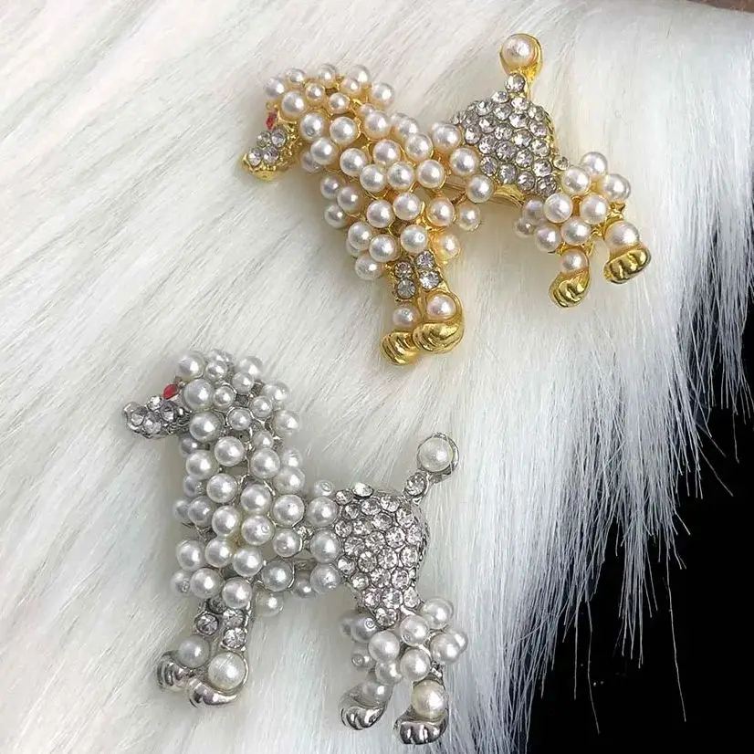 Handmade Custom Pearl Rhinestone Poodle Brooch Dog Brooches For Women Cute Vivid Animal Pin 2 Colors Available Fashion Jewelry