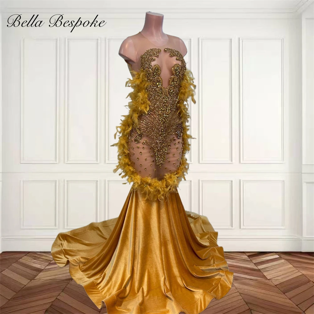 

Gold O N Long Prom Dresses For Black Girl Bead Crystal Rhinestone 2025 Birthday Luxury Dress Feathers Graduation Gown Customized