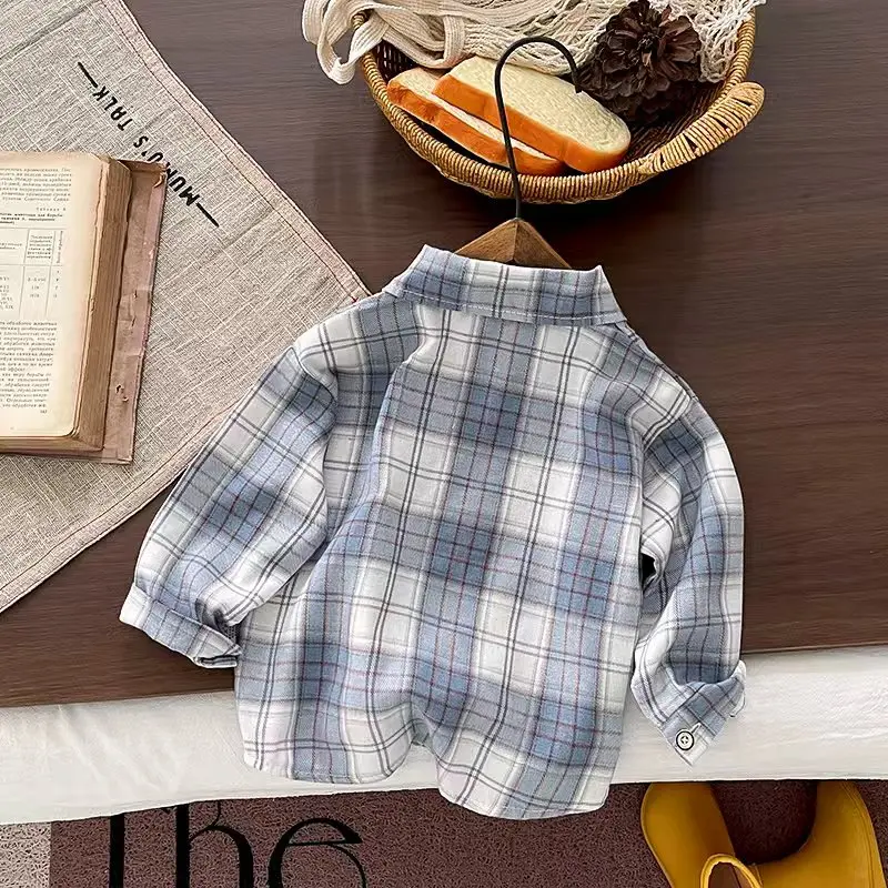IENENS Boy Shirts Casual Plaid Long Sleeves Blouses Spring Clothes Kids Cotton Tops For 1-4 Years