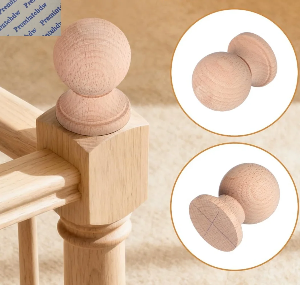 2Pcs Unpainted Wood Ball Post Finial Cap Handrail Furniture Architectural