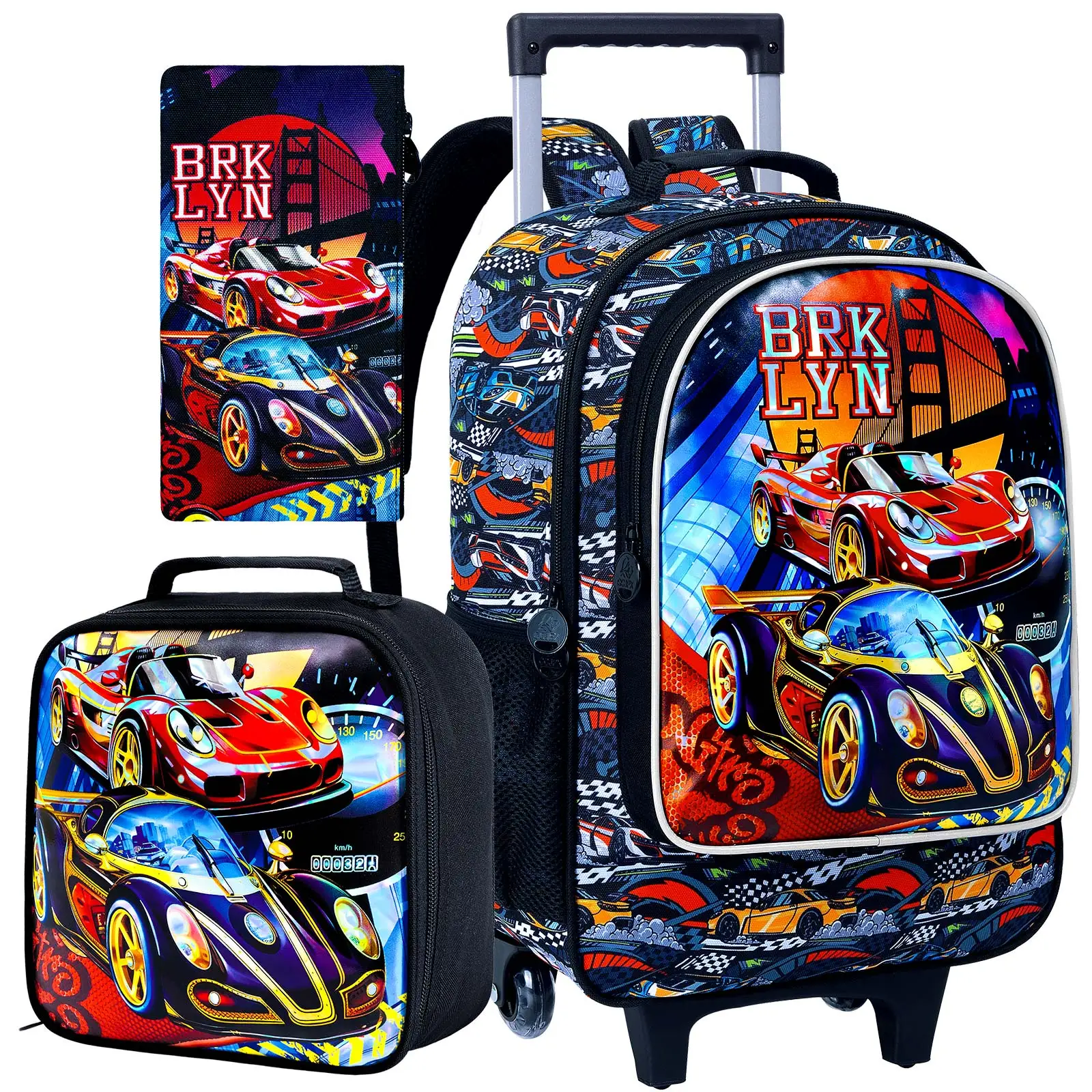 

3PCS Rolling Backpack for Boys, Kids Roller Wheels Bookbag, Wheeled Elementary School Bag with Lunch Bag - Racing