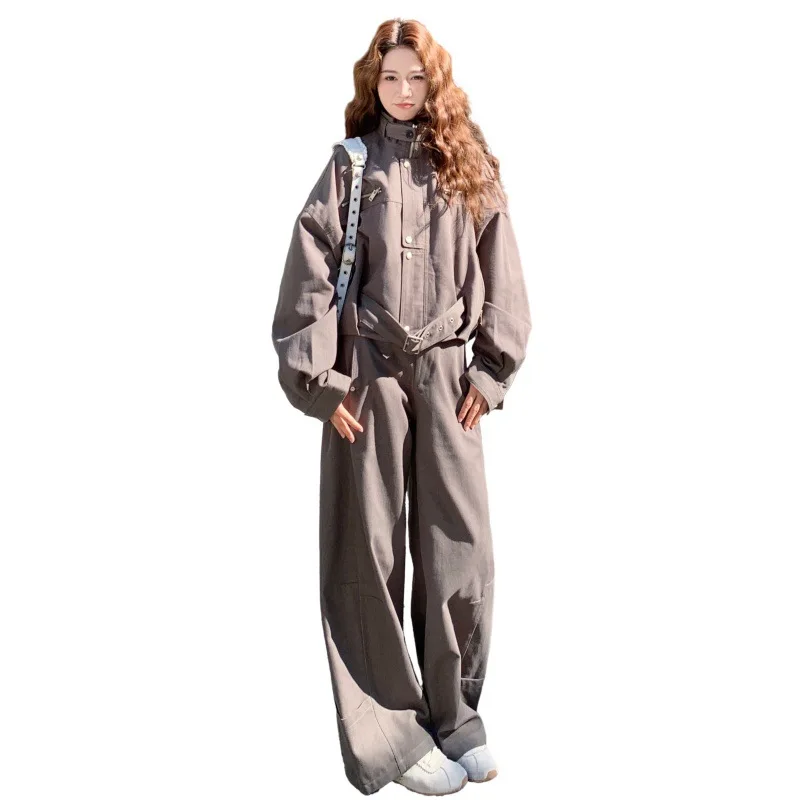 سترة ملابس عمل قصيرة الطراز + سراويل مستقيمة الساق طقم مكون من قطعتين للنساء 2025 طقم شارع جديد فضفاض على الطراز الأمريكي متعدد الاستخدامات #5