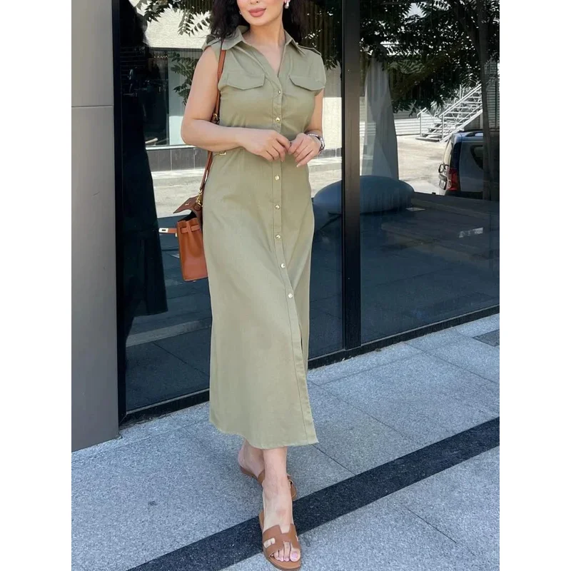 Women's Vintage Linen Sleeveless Midi Dress Casual Lapel Single Breasted Comfortable 2025 Fashion with Belt Decoration