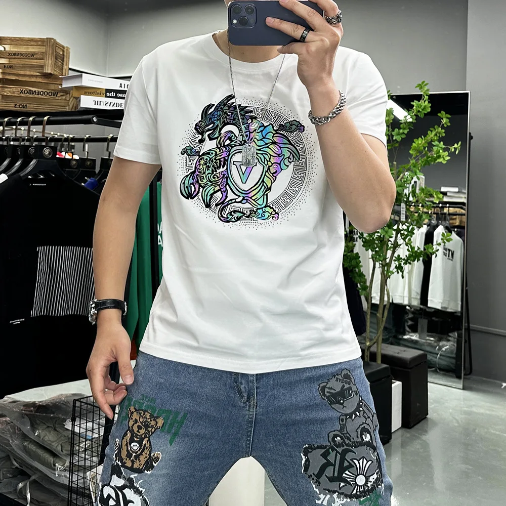 Men's T-shirt Summer High Texture New Style Short Sleeved tops  Rhinestone Luxury Oversized CottonTees 7xl Stylish Men's Clothes