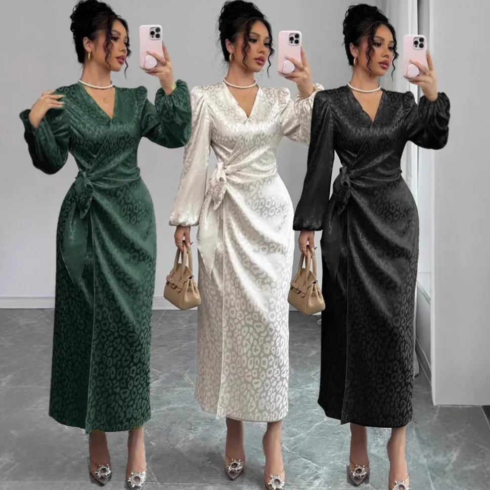

Women Eid Abaya Dress Muslim Ramadan Morocco Jalabiya Dresses Arab Long Robe Leopard Print Dubai Abayas Kaftan Lace Up Vestidos