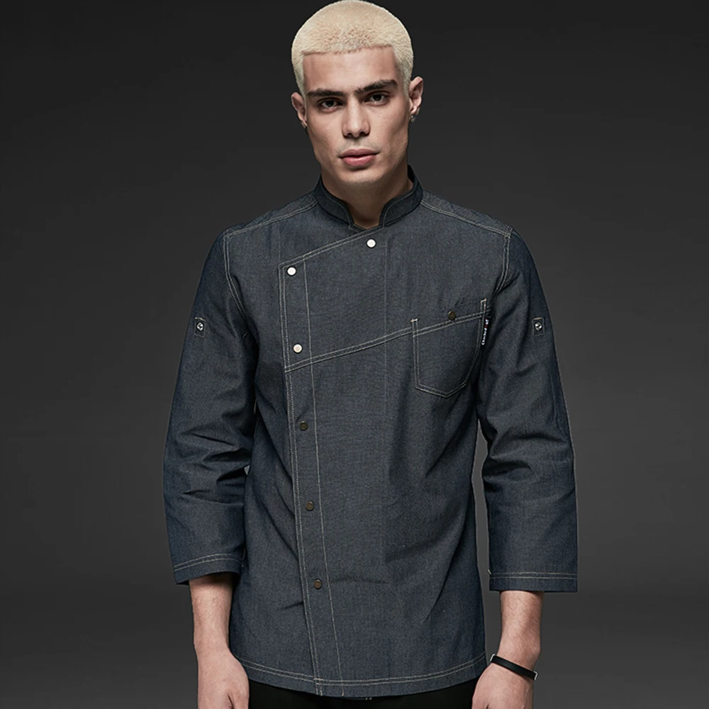 Casual Neutral Blue Denim Fabric Long Sleeve Jacket Kitchen Restaurant Catering Service Hotel Uniform Chef Clothes