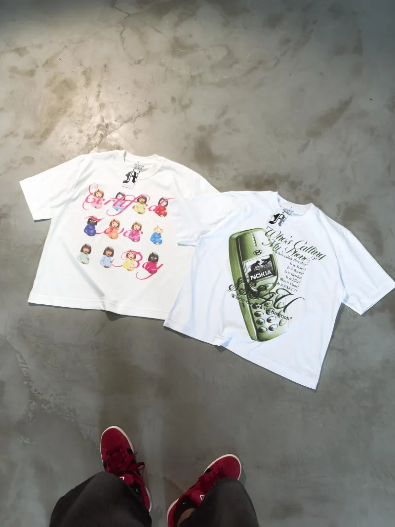 

Harajuku Retro Colorful Striped Letters Fashion Cotton T-shirt Men Street Hip-hop Casual Loose Round Neck White Short Sleeves