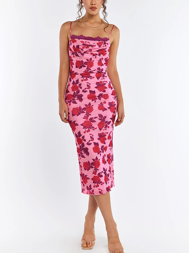 Newasia Bloemenprint Mouwloze Backless Midi Jurk Uitgesneden Kant Gesplitst Mesh Bodycon Mode Feest Casual Jurken