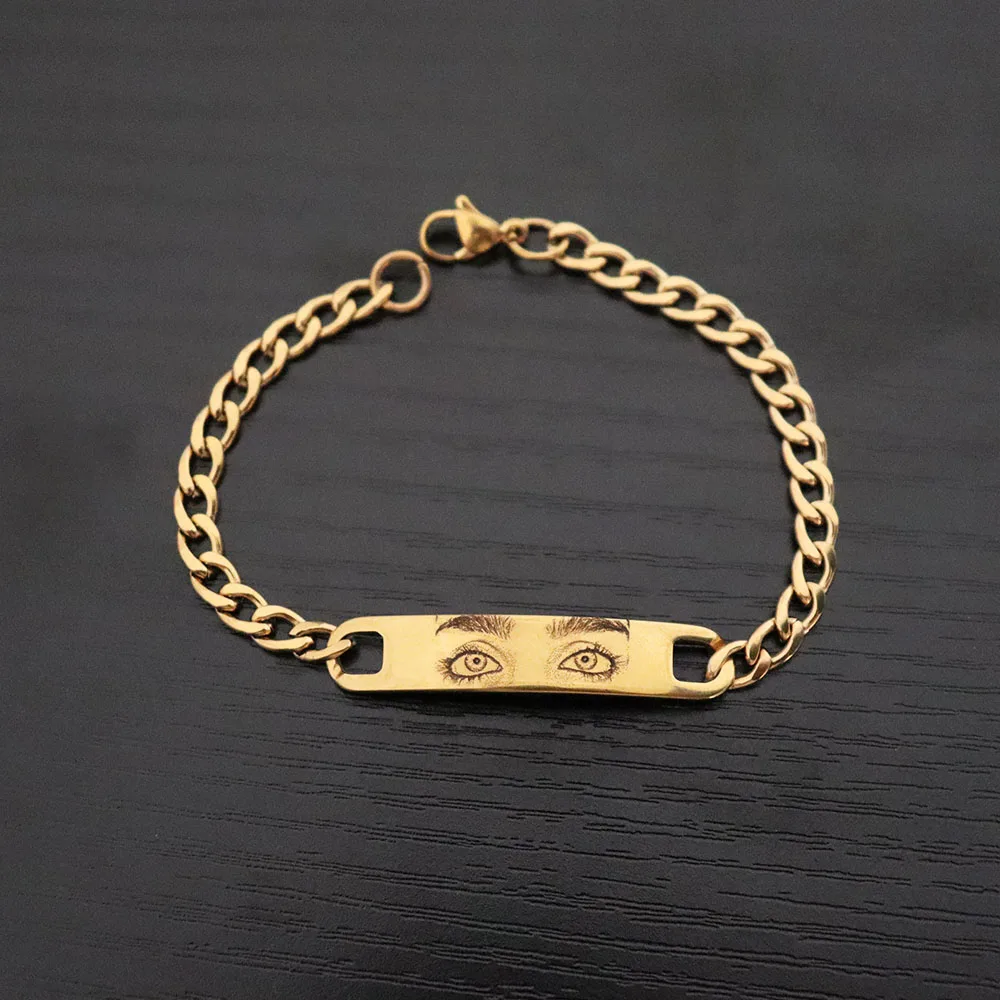 Personalisiertes Foto-graviertes Paar-Armband mit Laser-graviertem Augenbild auf Edelstahlkette, Schmuck, Geschenke für Paare – Detail 7