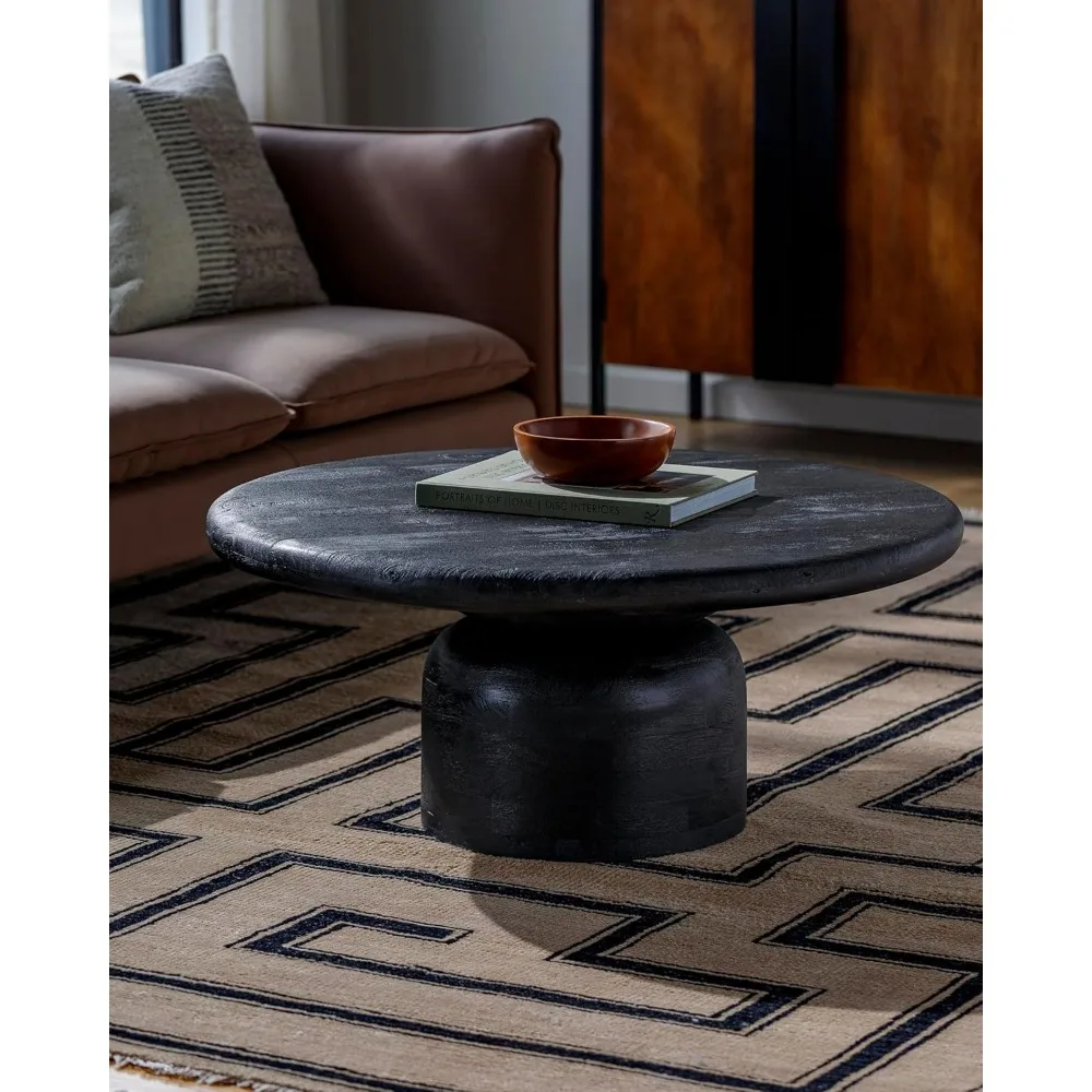 

Coffee Table, Natural Wood Grain, Mid Century Center Tables for Living Room, Modern Minimalist Black Round Coffee Table