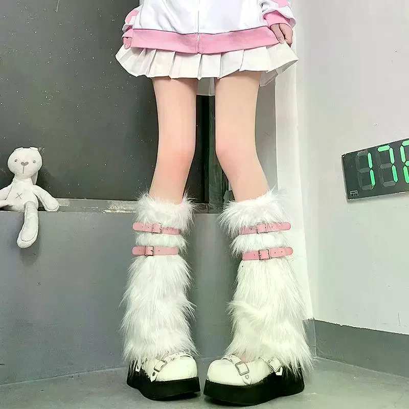Women Leg Warmers Faux Fur Sock Boot Covers Pink Buckle Design Spice Girl Y2K Style JK Fashion Stackable Winter Wear