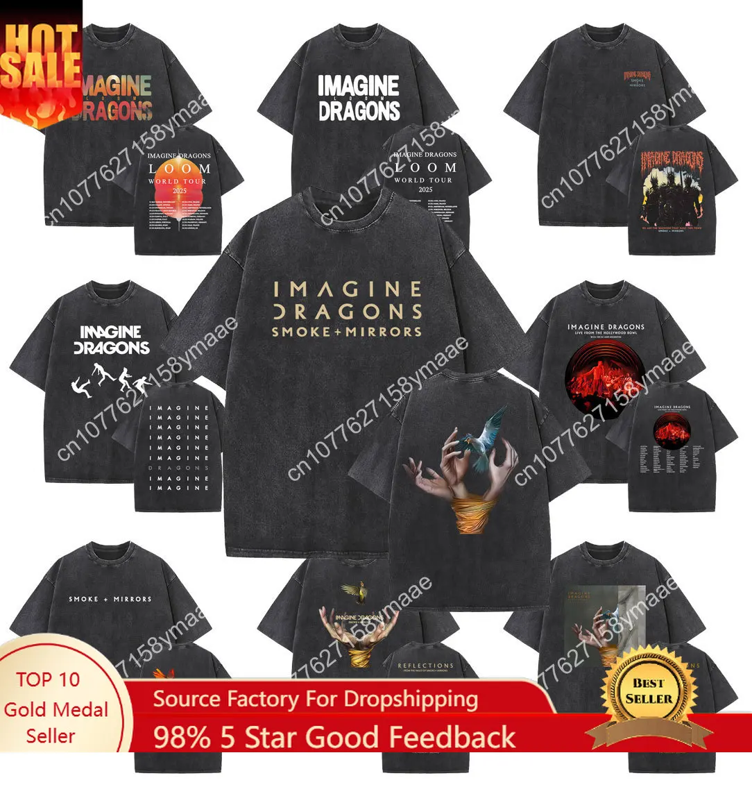 

Rock Band Imagine Dragons Loom World Tour 2025 Washed Vintage T-shirt Men Women Women Gothic Oversized T Shirts Unisex Casual Ts