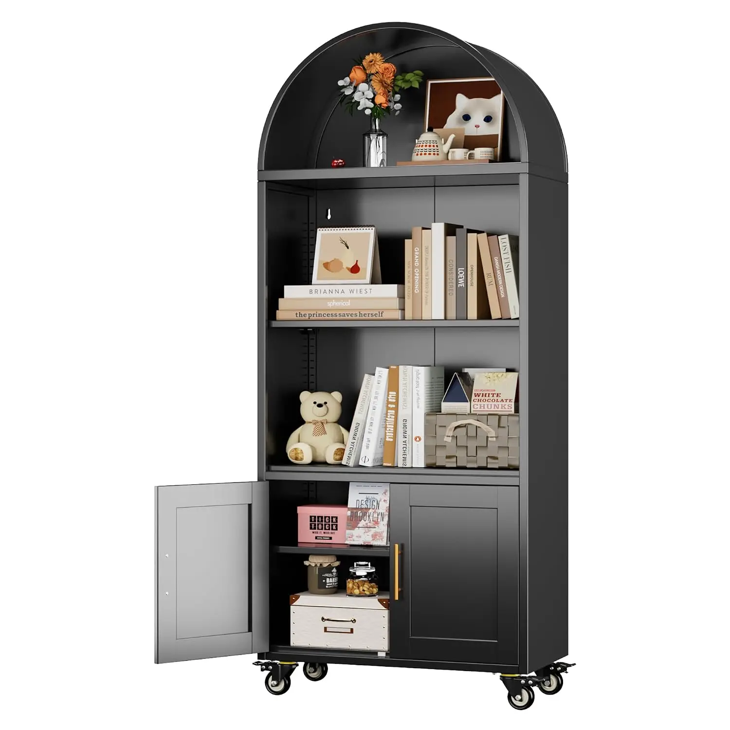 Metal Arched Bookshelf with Doors & Wheels, 72.3