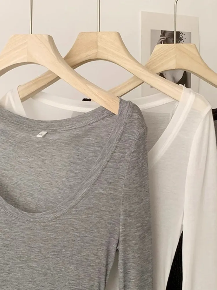 Skin-Friendly Loose Thin Women's T-Shirt Pure Desire Lyocell Material Korean Style Commute Wind Regular Long Sleeve round Neck