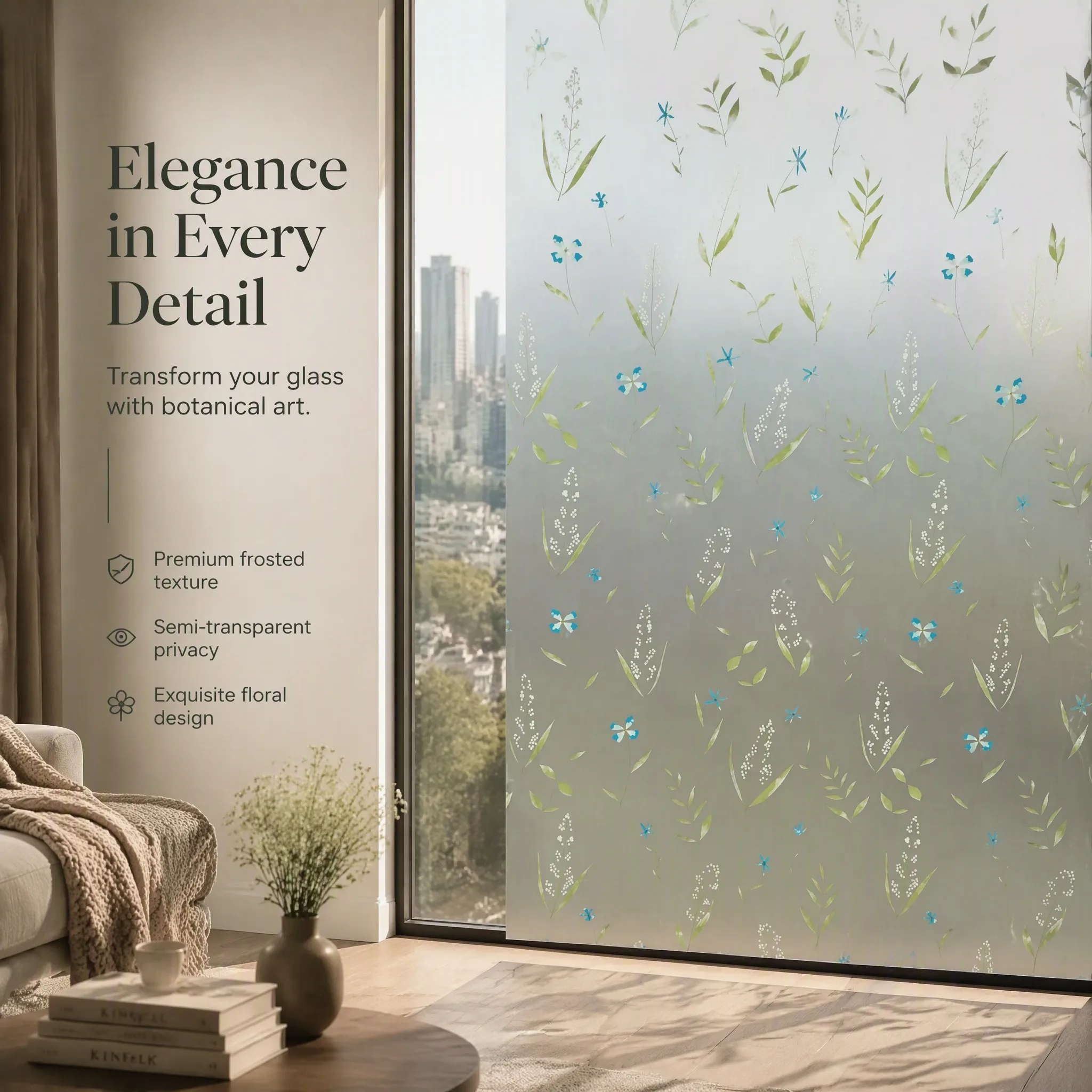 Blue Wildflower Self-Adhesive Frosted Privacy Window Film Decorative Glass Sticker for Kitchen Bathroom
