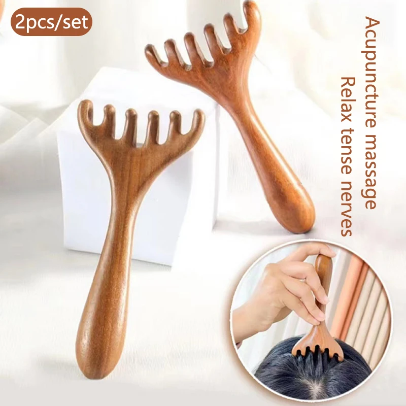 

2pcs Natural Wooden Wide Tooth Long Handle Comb Meridian Massage Anti-static Head Six Claw Massager Promote Blood Circulation