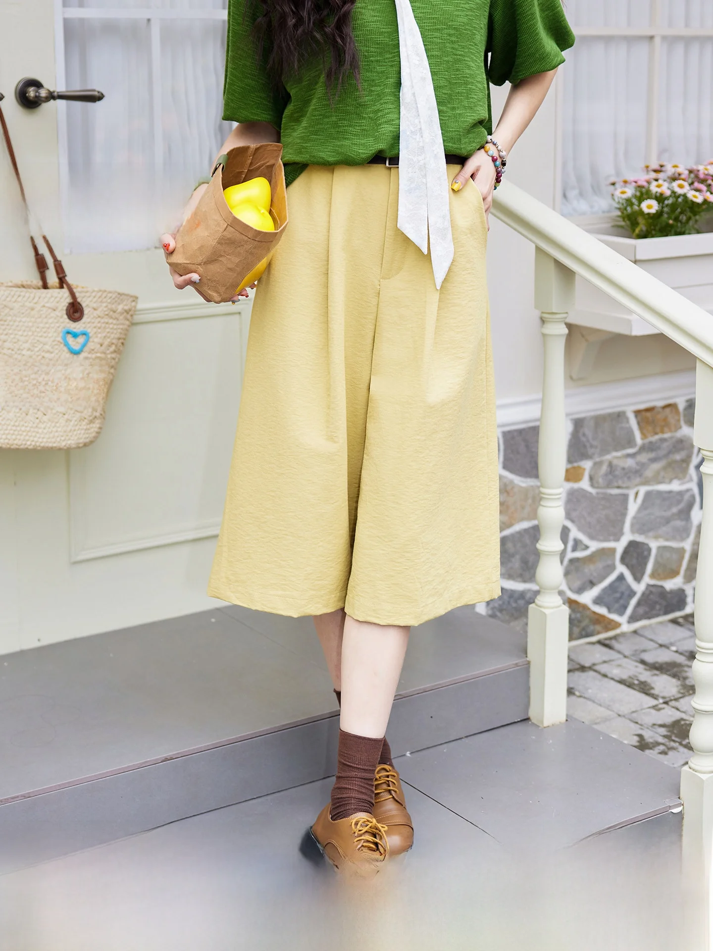 

Женские летние модные брюки Chend с высокой талией, прямые, желтые, повседневные, утягивающие, из комфортной хлопковой смеси, широкие штанины